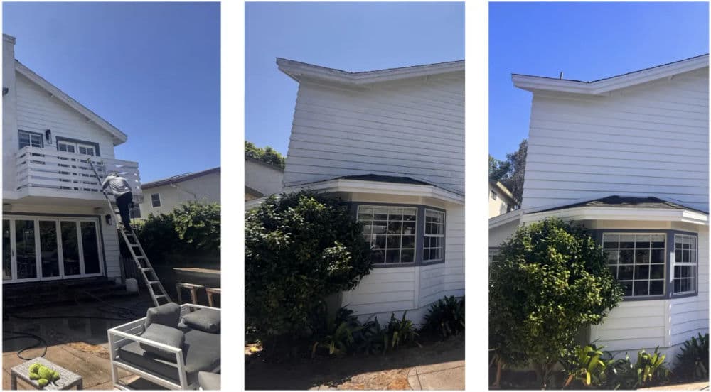 House exterior cleaning process, showing worker on ladder and freshly washed siding.
